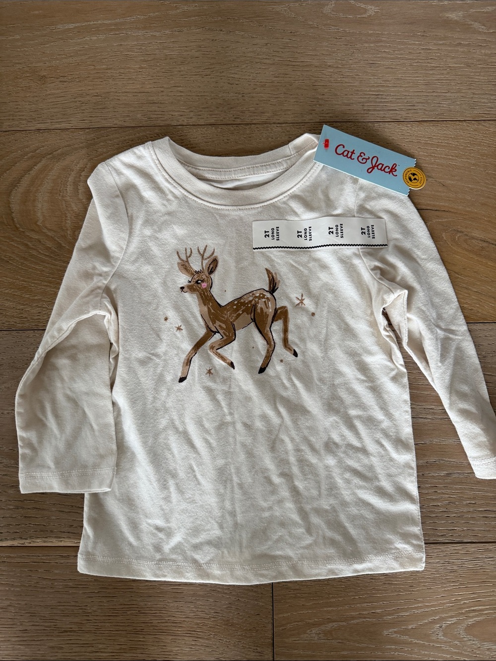 Cat & Jack Cream Long Sleeve Top with Reindeer Graphic